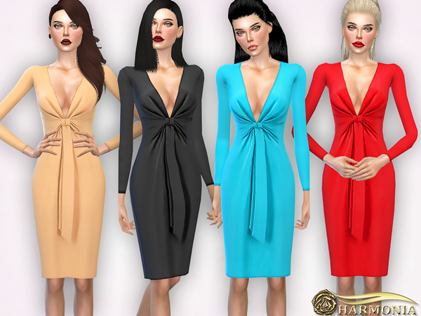 Sims 4 Ruched Knotted front Stretch knit Dress by Harmonia at TSR