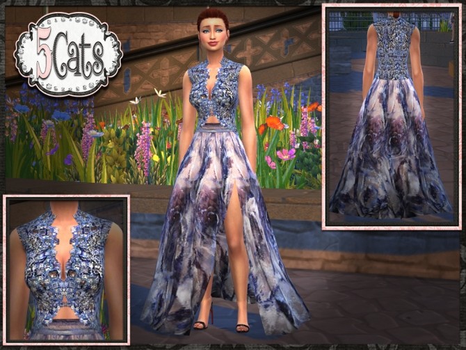 Sims 4 Beaded Jeweled Vest Floral Side Slit Skirt Gown at 5Cats