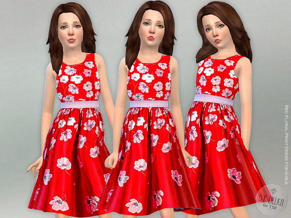 Sims 4 Red Floral Print Dress by lillka at TSR