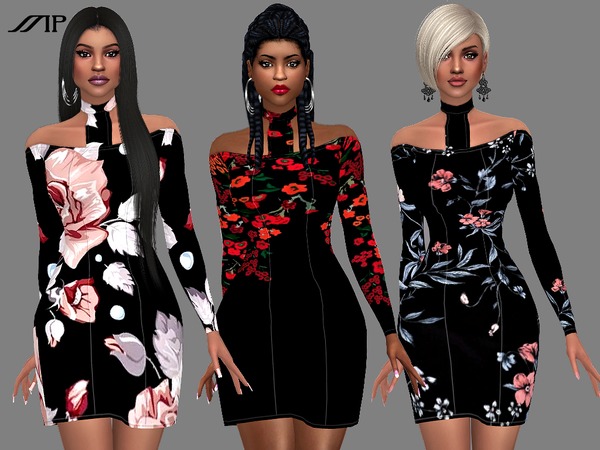 Sims 4 Floral Open Shoulder Choker Bodycon Dress by MartyP at TSR