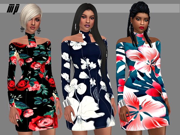 Sims 4 Floral Open Shoulder Choker Bodycon Dress by MartyP at TSR