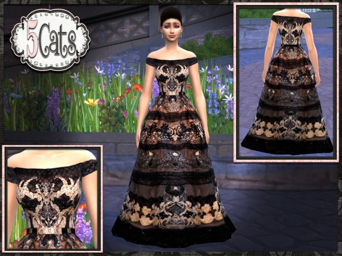 Sims 4 ES Black Gold Embellished Designer Gown at 5Cats