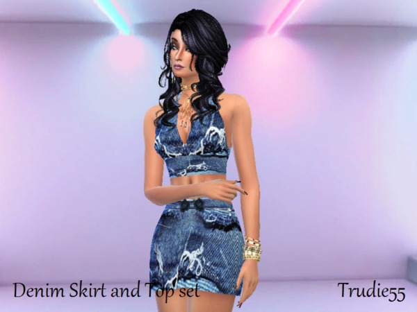 Sims 4 Blue Denim mini skirt and top set by TrudieOpp at TSR