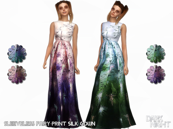 Sims 4 Sleeveless Fairy Print Silk Gown by DarkNighTt at TSR