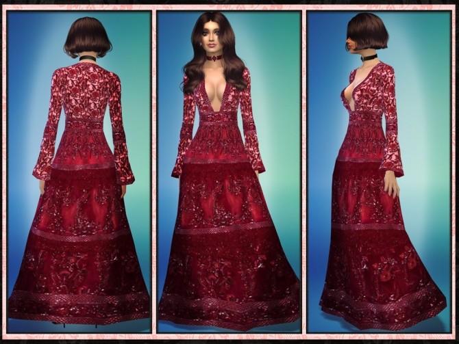 Sims 4 ZM Bell Sleeve Lace Deep V Cut Gown at 5Cats