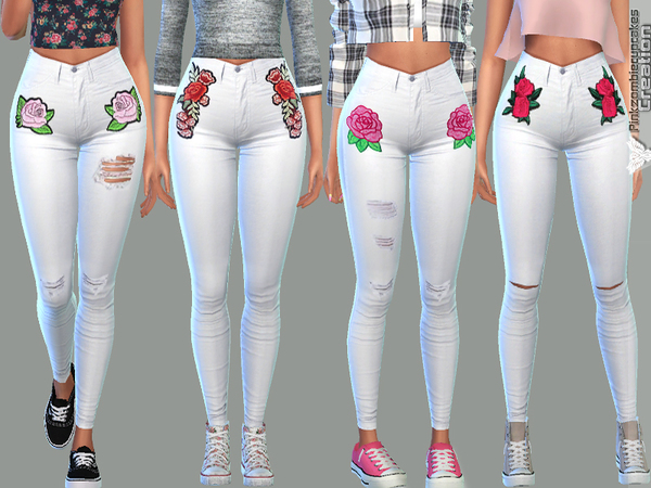 Sims 4 White Embroidered Denim by Pinkzombiecupcakes at TSR