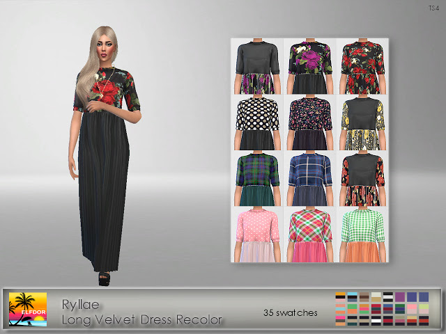 Sims 4 Ryllae Long Velvet Dress Recolor at Elfdor Sims