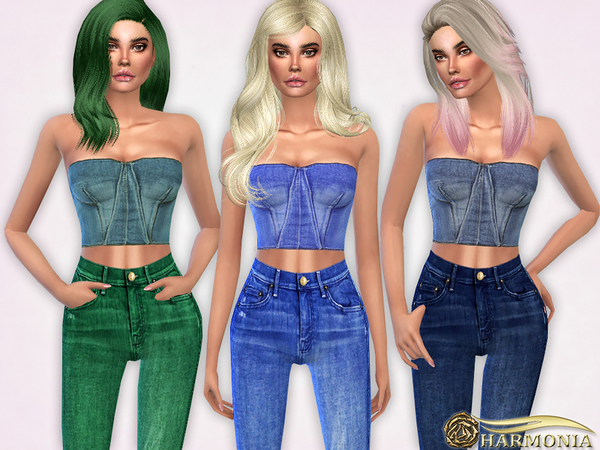 Sims 4 Strapless Denim Bustier Top by Harmonia at TSR