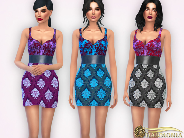 Sims 4 Floral print silk jacquard dress by Harmonia at TSR