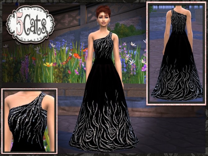 Sims 4 RZ One Shoulder Black Glitter Gown at 5Cats