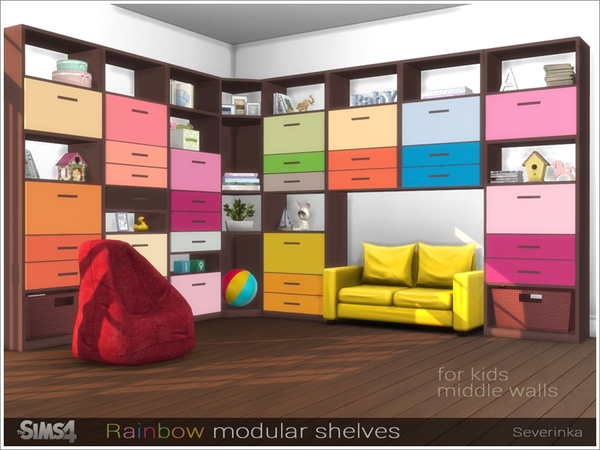 Sims 4 Rainbow modular shelves by Severinka at TSR