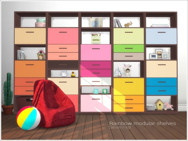 Sims 4 Rainbow modular shelves by Severinka at TSR