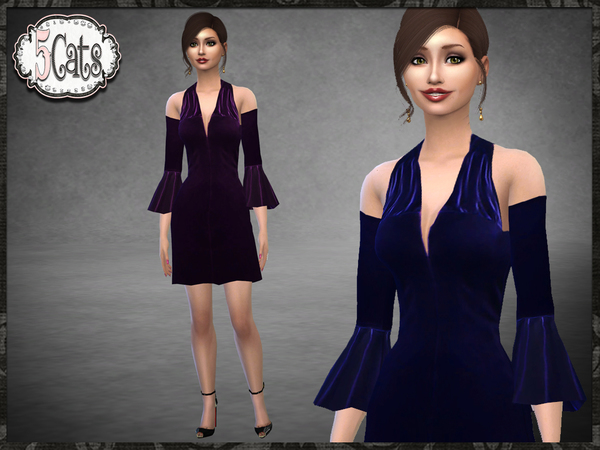 Sims 4 Velvet Bell Sleeve Short Halter Dress by Five5Cats at TSR