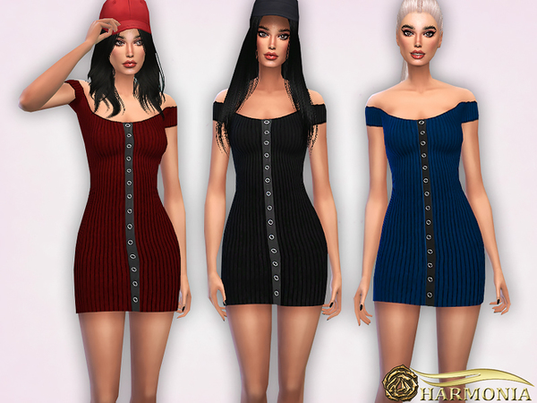 Sims 4 Ribbed Snap Mini Dress by Harmonia at TSR