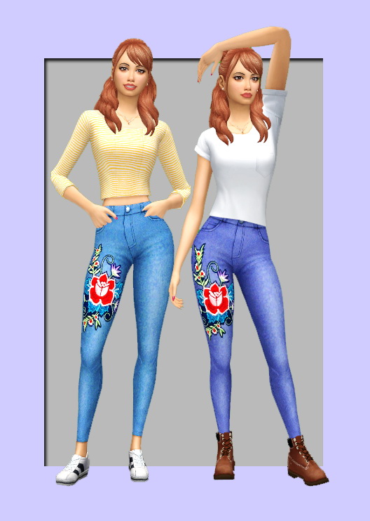 Sims 4 Floral patched jeans at Kass