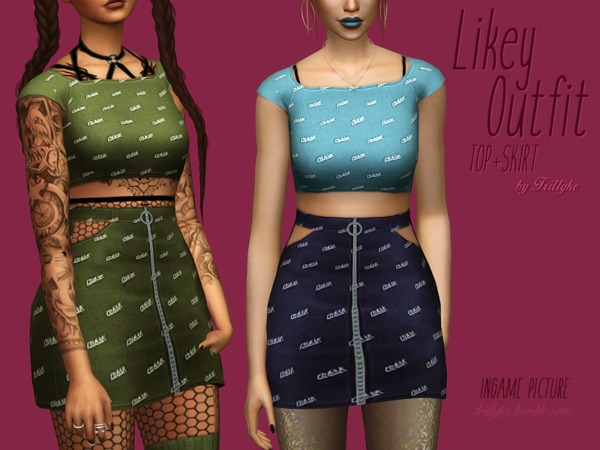 Sims 4 Likey Outfit Top + Skirt by Trillyke at TSR