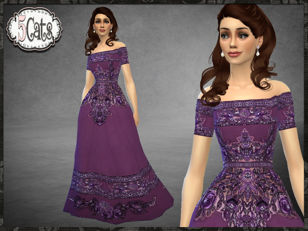 Sims 4 ZM Off the Shoulder Embroidered Gown by Five5Cats at TSR