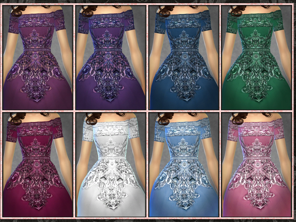 Sims 4 ZM Off the Shoulder Embroidered Gown by Five5Cats at TSR