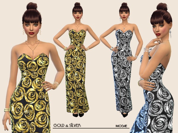 Sims 4 Gold&Silver elegant long dress by Paogae at TSR