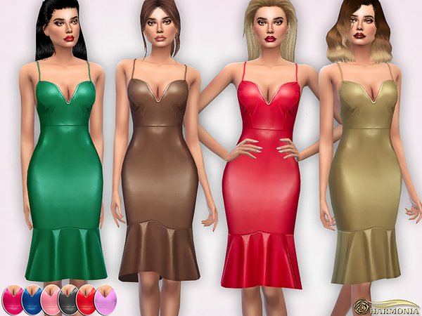 Sims 4 Plunge PU Frill Hem Midi Dress by Harmonia at TSR