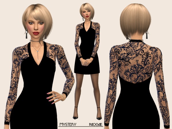 Sims 4 Mystery black mini dress with lace by Paogae at TSR