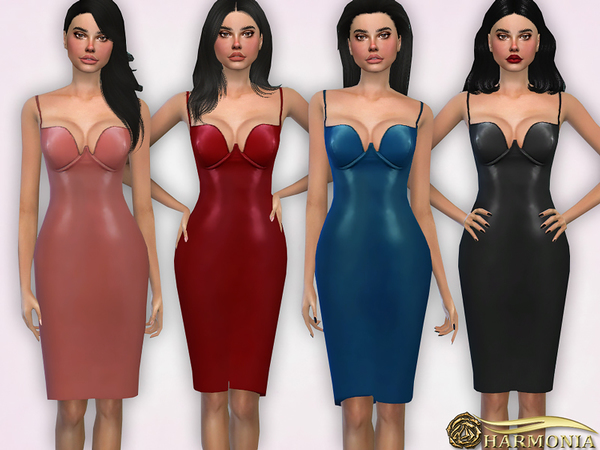 Sims 4 Faux Leather Bustier Midi Dress by Harmonia at TSR