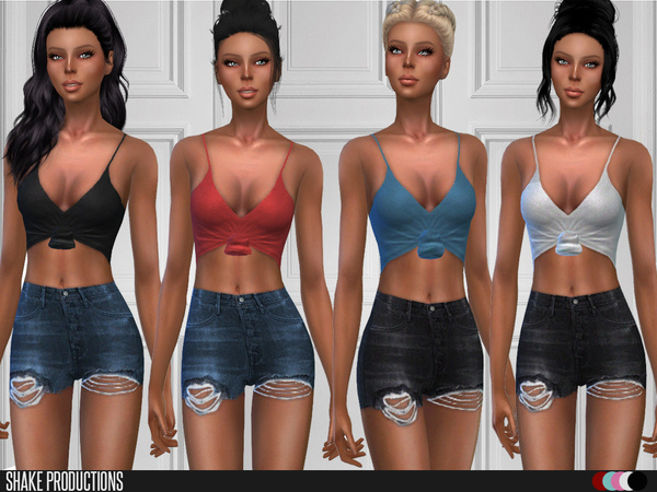 Sims 4 Top with details & Ripped Denim Shorts by ShakeProductions at TSR
