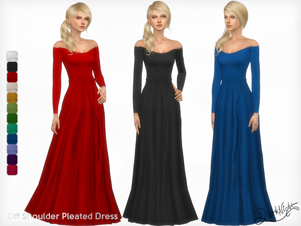 Sims 4 Off Shoulder Pleated Dress by DarkNighTt at TSR