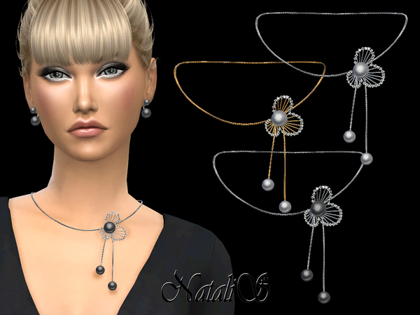 Sims 4 Diamonds and pearl flower design necklace by NataliS at TSR