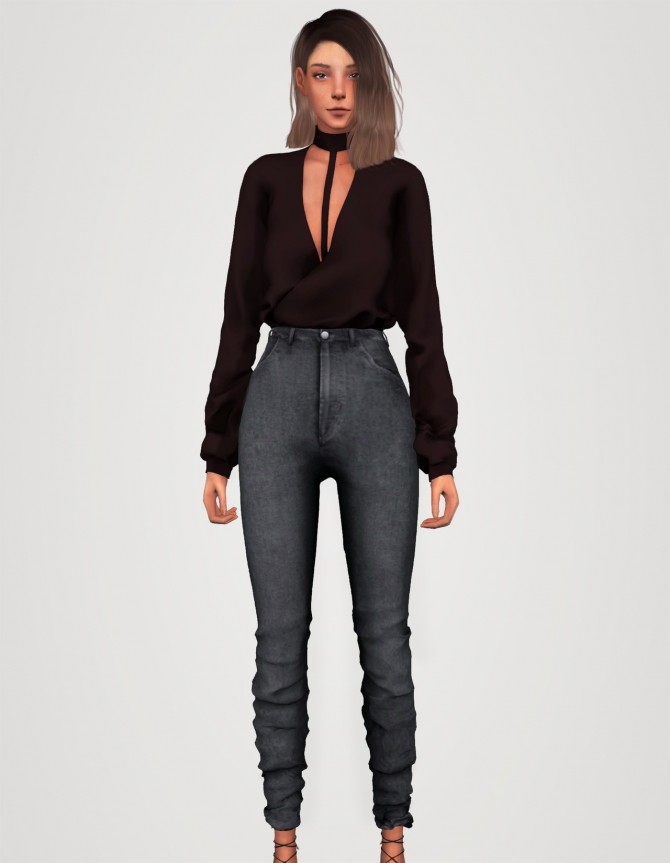 Sims 4 Cross drape front top (P) + classic high waist jeans at Elliesimple