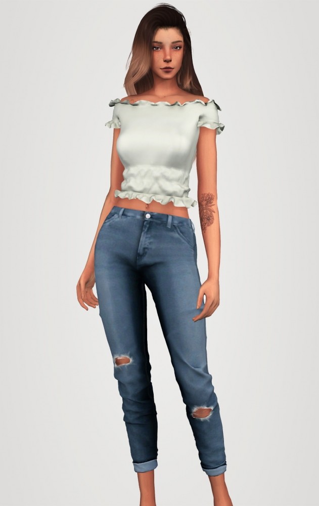 Sims 4 Elastic off should top (P) & destroyed boyfriend jeans at Elliesimple
