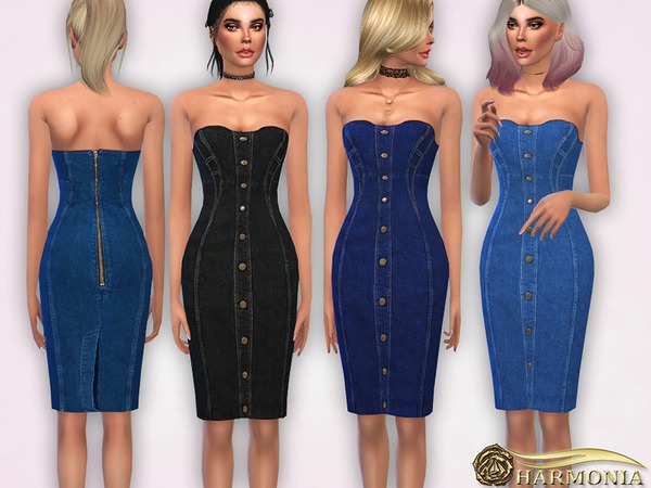 Sims 4 Strapless Denim Midi Dress by Harmonia at TSR