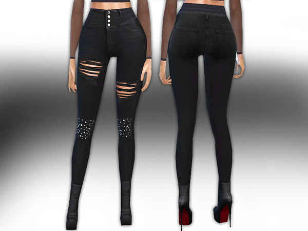 Sims 4 Only Pearl Embellished High Belt Ripped Black Jeans by Saliwa at TSR