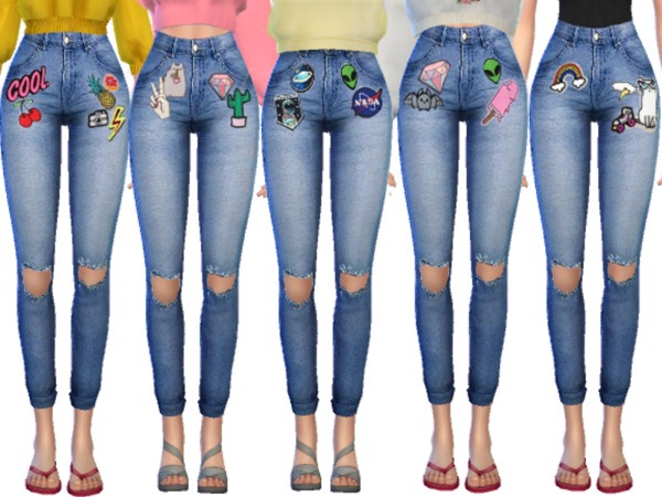Sims 4 Kawaii Patched Jeans by Wicked Kittie at TSR