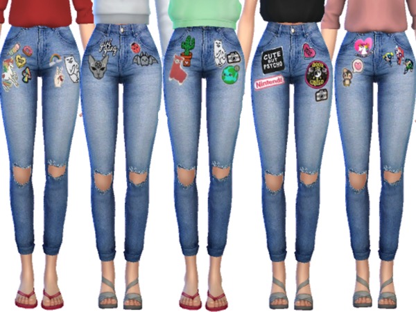 Sims 4 Kawaii Patched Jeans by Wicked Kittie at TSR