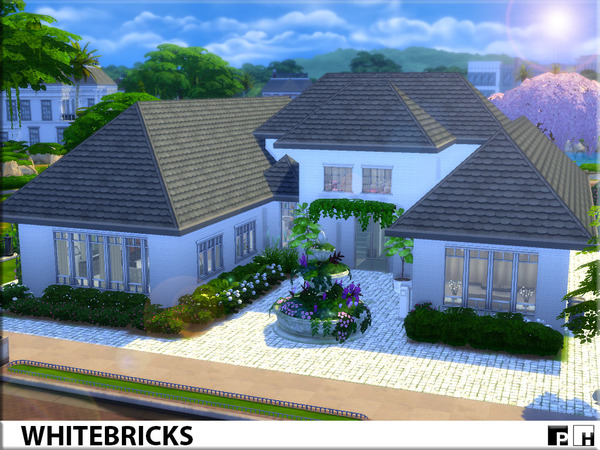 Sims 4 White Bricks modern family home by Pinkfizzzzz at TSR