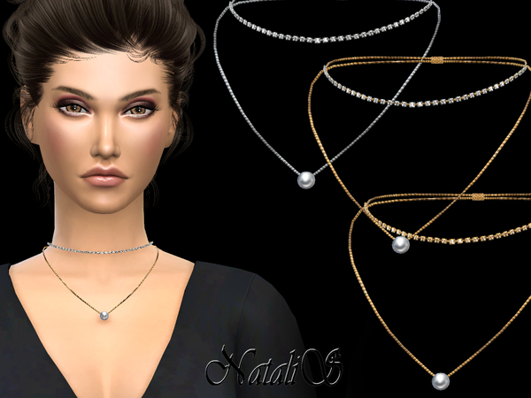 Sims 4 Double necklace with crystals and pearl by NataliS at TSR