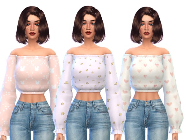 Sims 4 Kawaii Shoulder less Cropped Top by Wicked Kittie at TSR