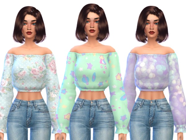 Sims 4 Kawaii Shoulder less Cropped Top by Wicked Kittie at TSR