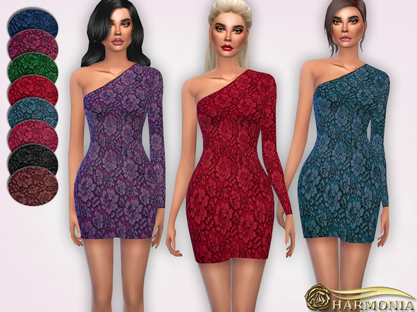 Sims 4 One Shoulder Neckline Lace Dress by Harmonia at TSR