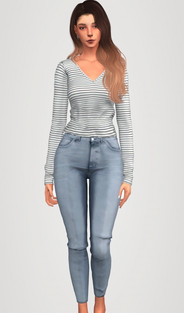 Sims 4 Striped long sleeve top & denim jeans at Elliesimple