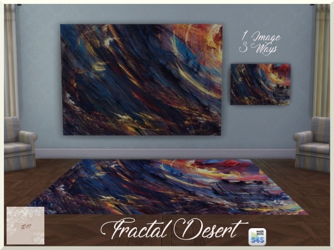 Sims 4 Fractal Desert paintings and rug by augold44 at Mod The Sims