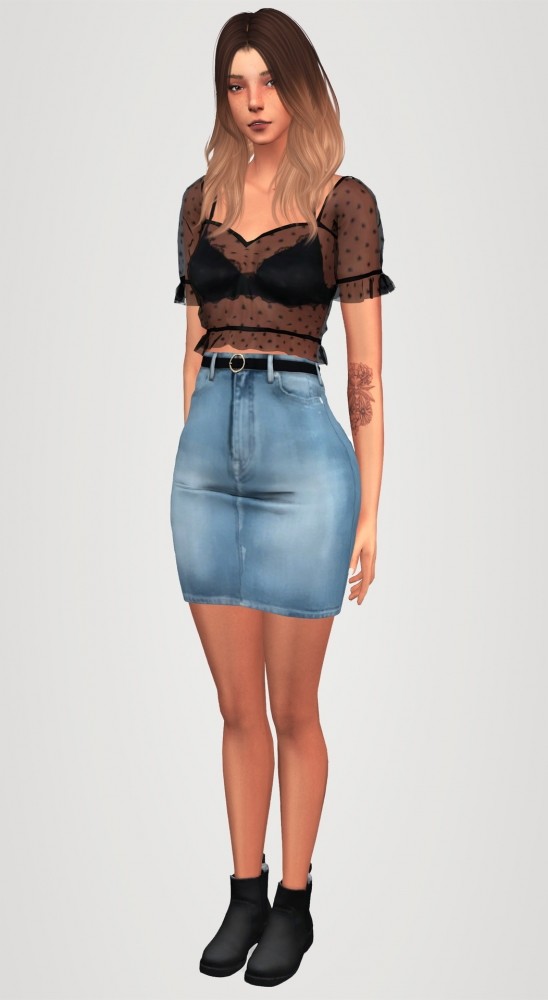 Sims 4 Mesh top & denim skirt + belt & warm boots at Elliesimple