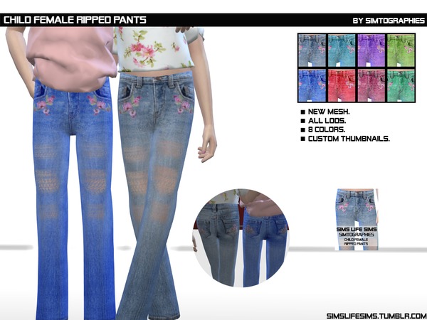 Sims 4 Child Female Ripped Pants by simtographies at TSR