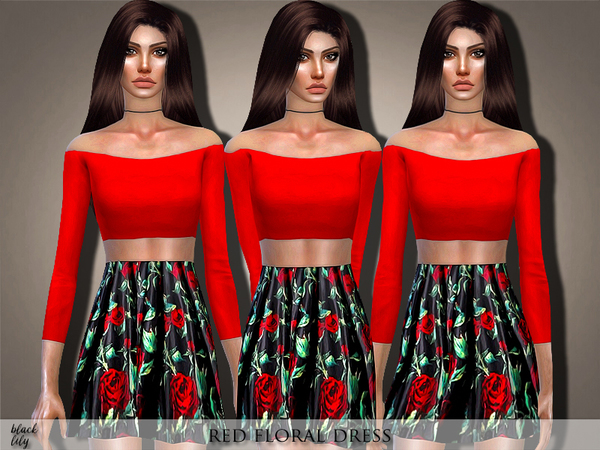 Sims 4 Red Floral Dress by Black Lily at TSR