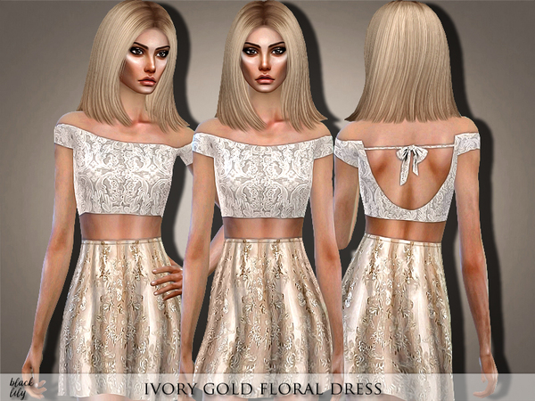 Sims 4 Ivory Gold Floral Dress by Black Lily at TSR