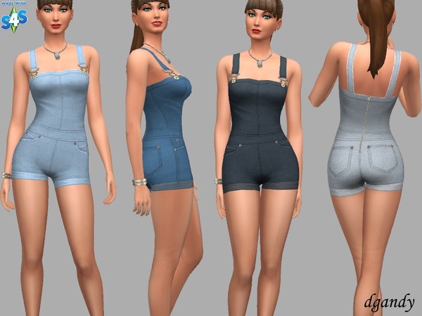 Sims 4 Olivia denim short jumpsuit by dgandy at TSR