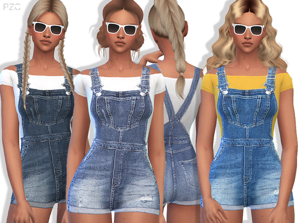 Sims 4 Summer Short Denim Overalls by Pinkzombiecupcakes at TSR
