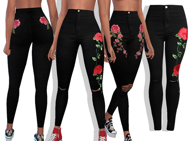 Sims 4 Top Shop Black Knee Ripped Denim Jeans by Pinkzombiecupcakes at TSR