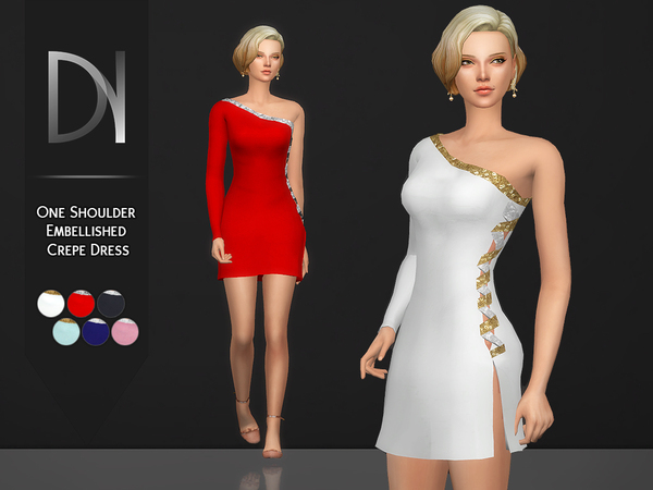 Sims 4 One Shoulder Embellished Crepe Dress by DarkNighTt at TSR